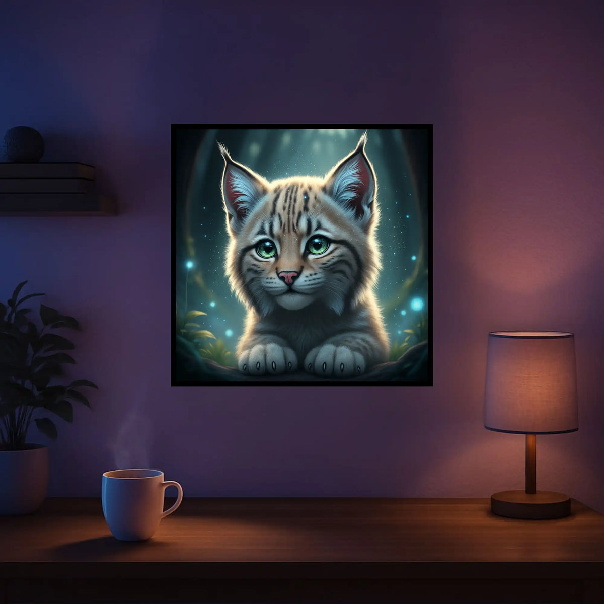 Diamond Painting Set Seele des Waldes mit niedlichem Luchs Baby im magischen Wald als kunstvolles Wandbild zur Dekoration