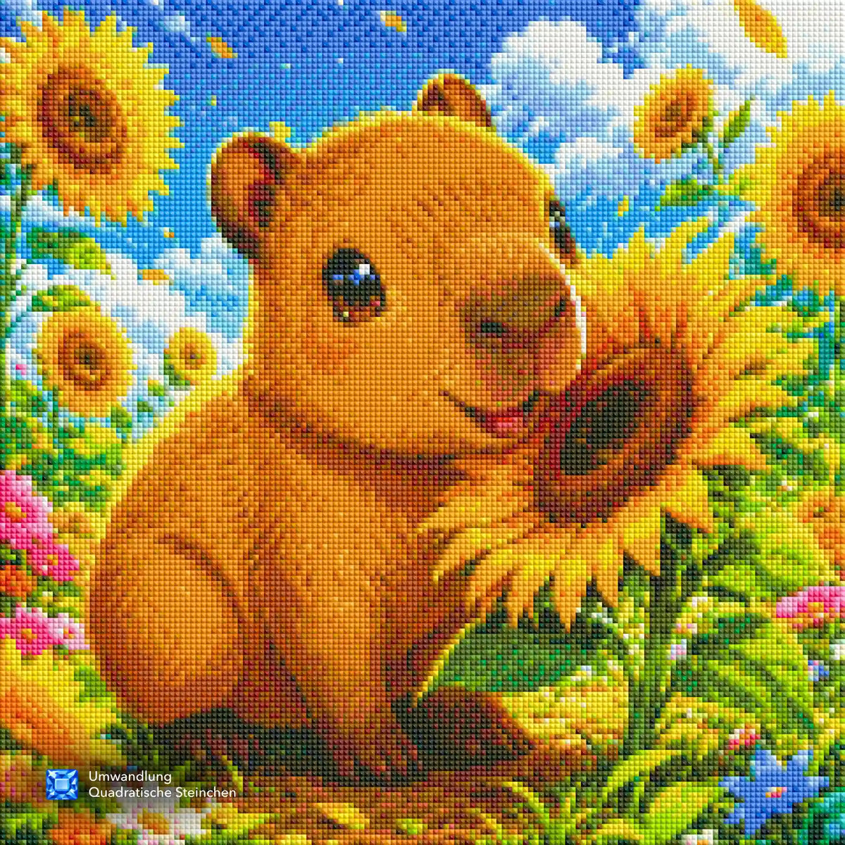 Diamond Painting Set: lächelndes Wasserschwein zwischen Sonnenblumen unter blauem Himmel, Glitzersteine