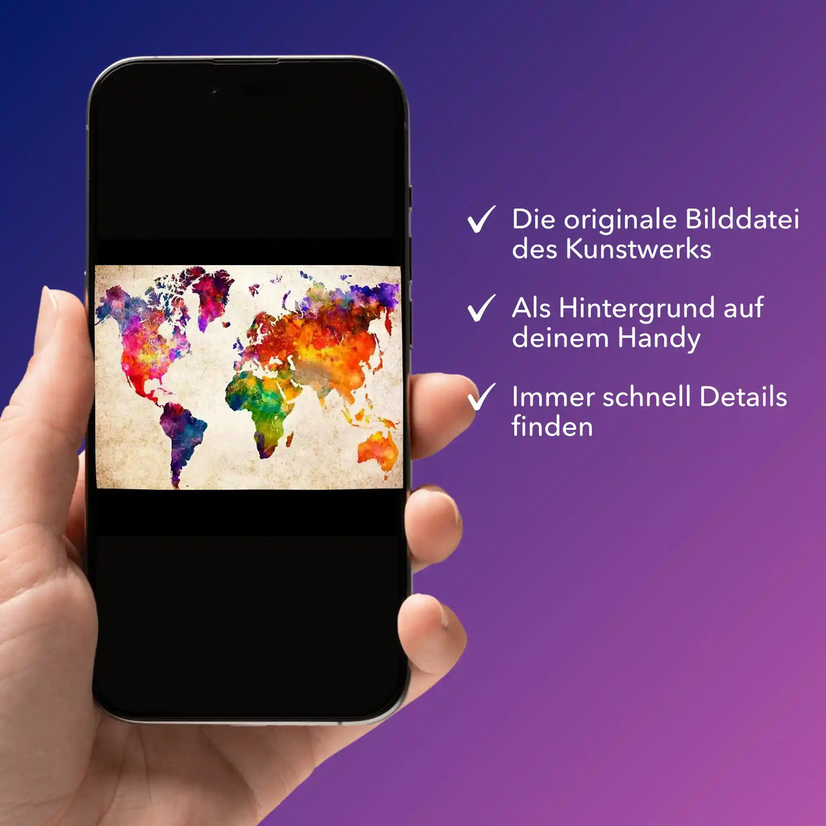 Digitale Bildmappe als PDF für dein Picmondoo Diamond Painting mit farbenfrohem Weltkarten-Motiv auf dem Smartphone