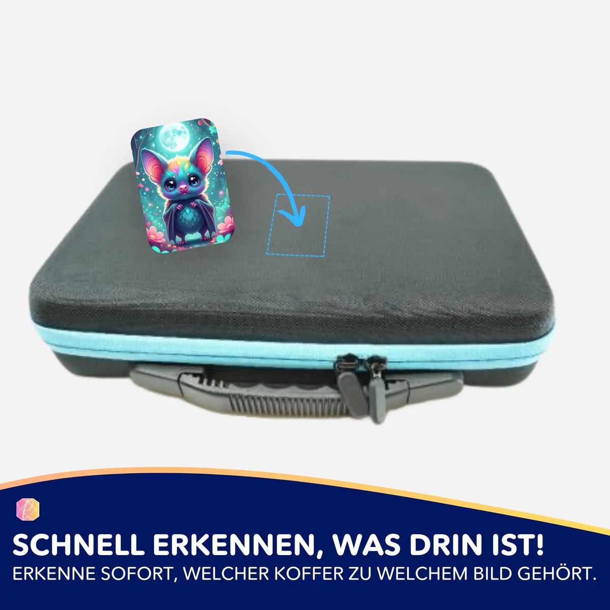 Freddy Fledermaus Aufkleber für Diamond Painting Koffer zur Organisation von Bastelzubehör und Diamanten Painting Sets.