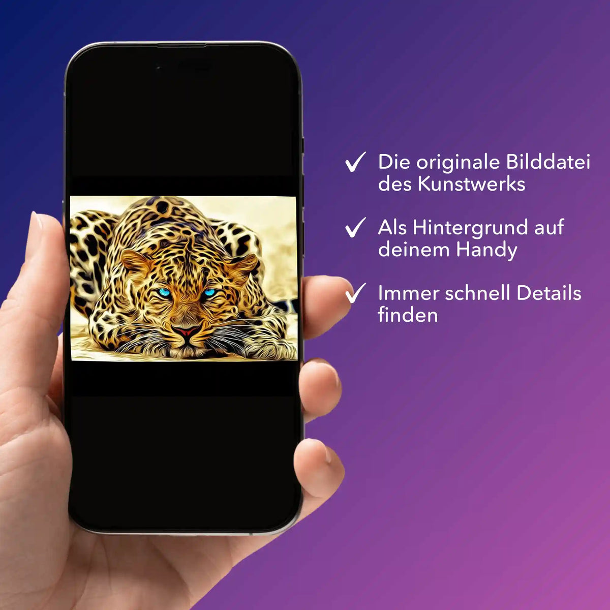 Digitale Bildmappe für Diamond Painting Leopard Blue Eyes als praktische Hilfsdatei auf einem Smartphone