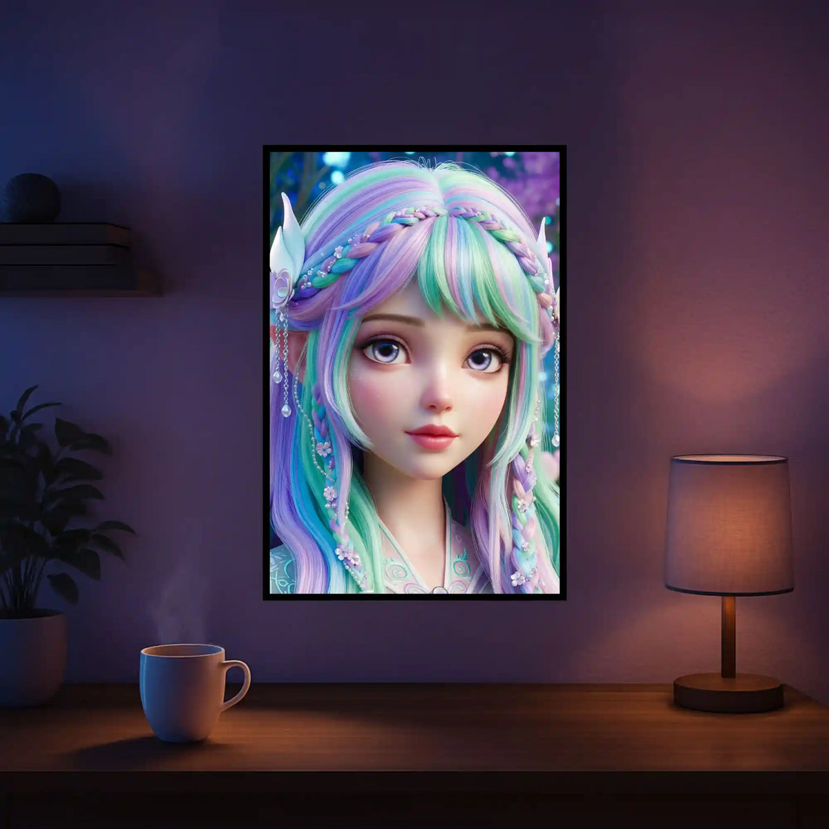 Diamond Painting Set Feenprinzessin Elara mit pastellfarbenem Haar und Blumen in einer märchenhaften Fantasy-Szene