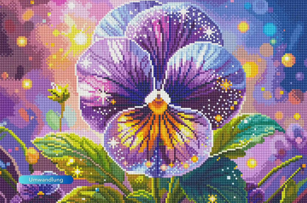 Diamond Painting Sternenveilchen: Violette Phantasieblüte in magischem Design mit glitzernden Steinchen und Lichteffekten