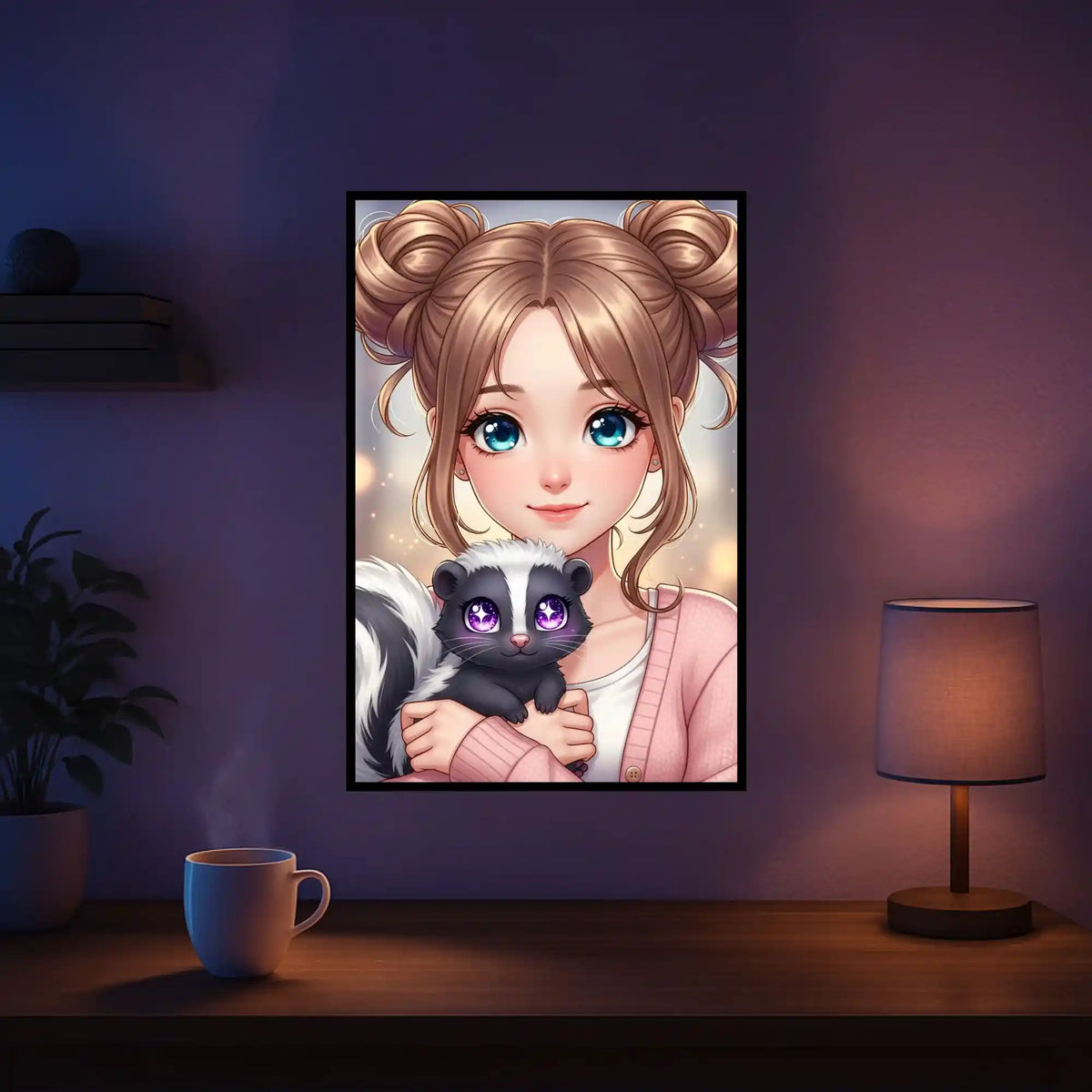 Diamond Painting Set Yuna & Puki mit Anime-Mädchen und süßem Skunk als fertiges, glitzerndes Kunstwerk im 40x60cm Format.