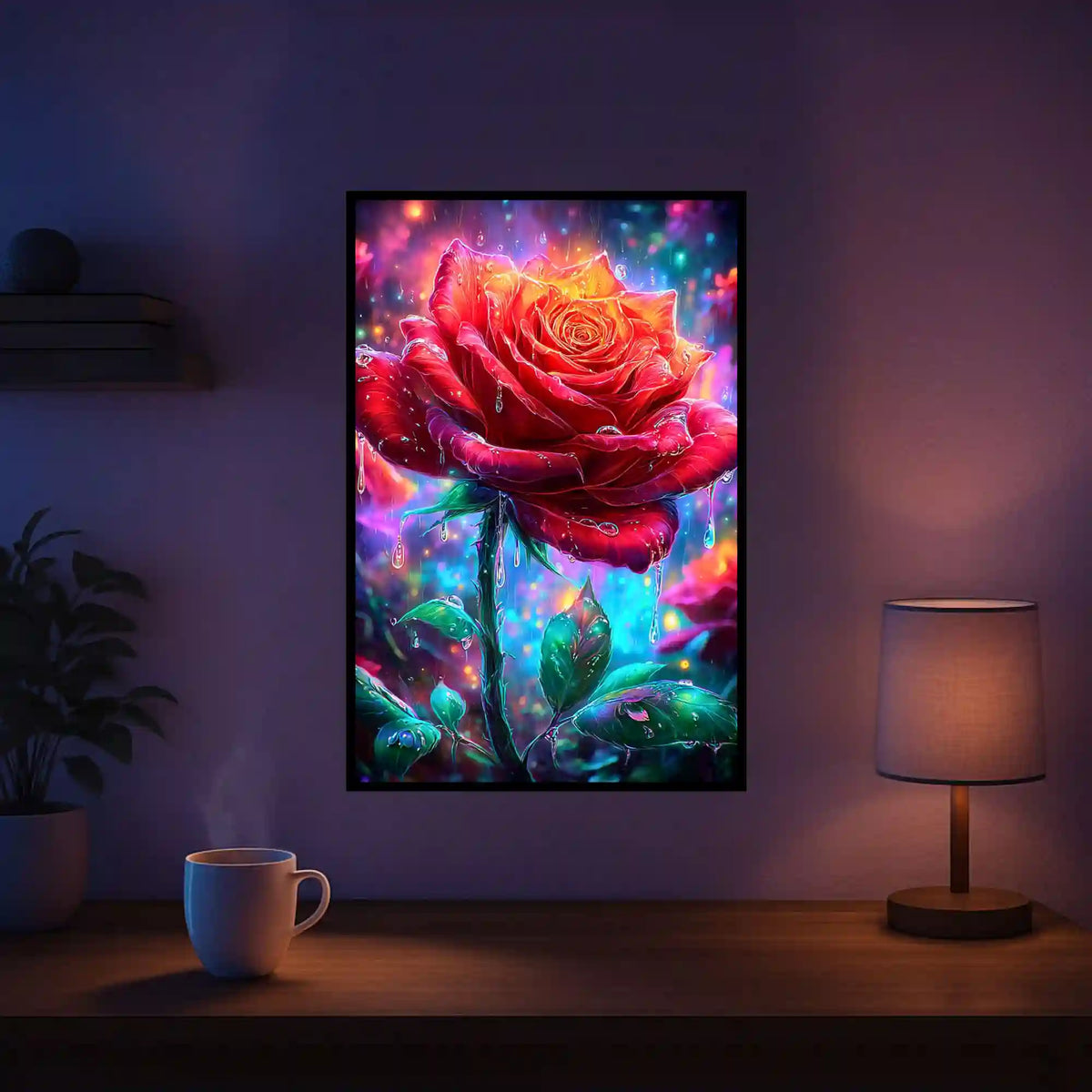 Diamond Painting Regentanz zeigt eine magische rote Rose mit glitzernden Wassertropfen in einem bunten Blumenmotiv.