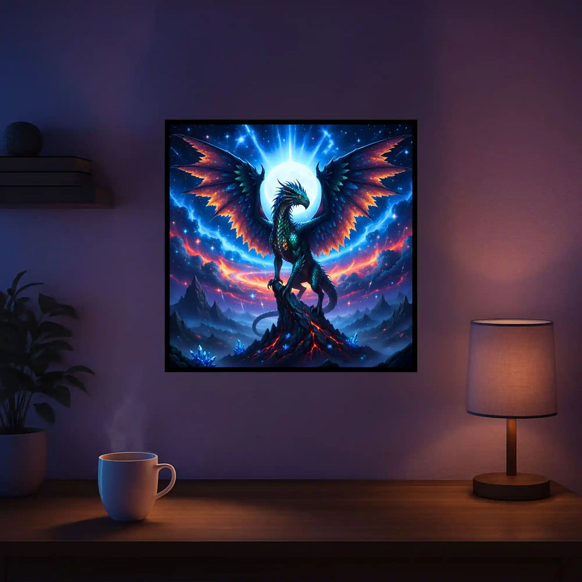 Diamond Painting Set mit mystischem Drachen-Motiv vor Nachthimmel und kosmischem Lichteffekt als fertiges Wandbild.