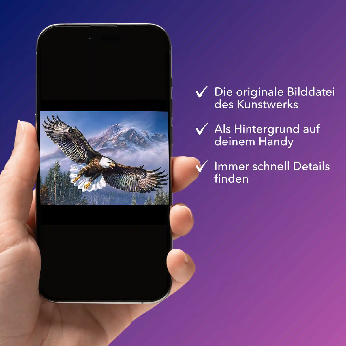 Digitale Bildmappe für Diamond Painting als Adler-Motiv auf Smartphone zur Ansicht von Details