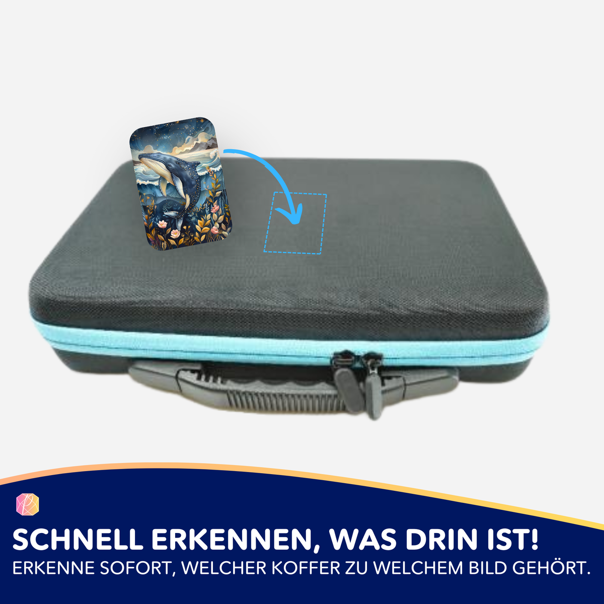 Picmondoo Sticker-Set zur Organisation von Diamond Painting Zubehör mit Wal-Motiv auf einem schwarzen Aufbewahrungskoffer