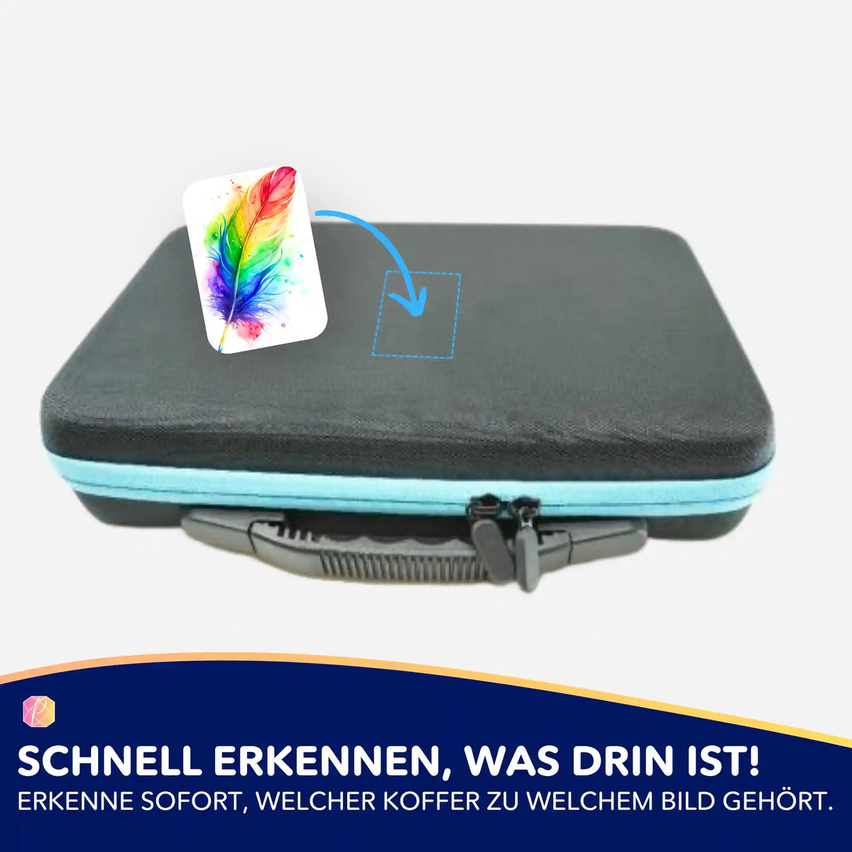 Bunter Regenbogen-Feder Aufkleber zur Organisation von Diamond Painting Koffern und Zubehör für das Hobby.