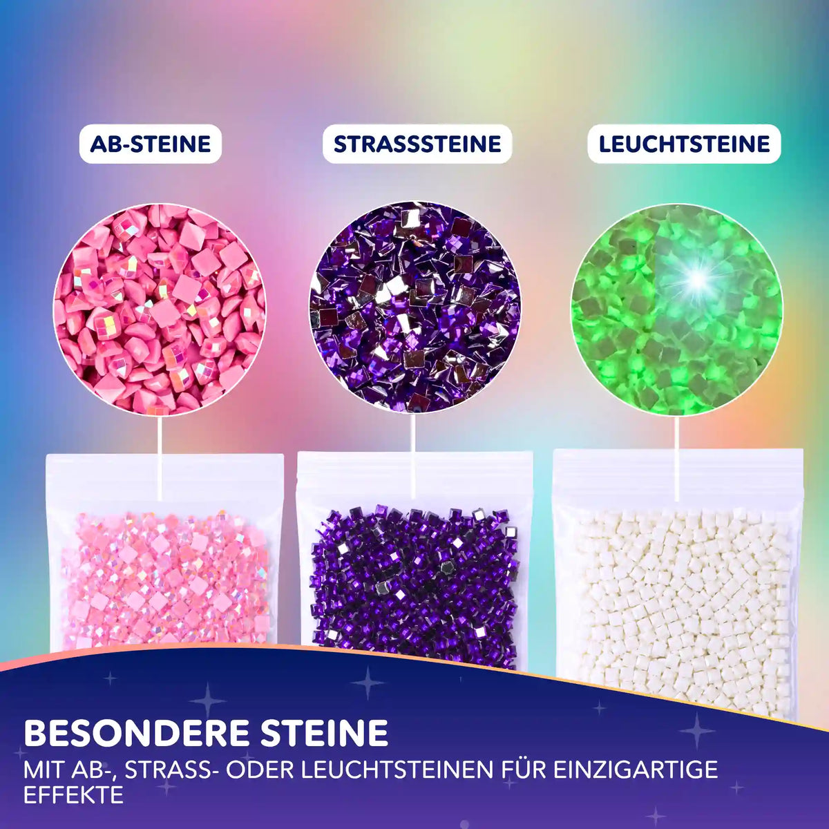 Diamond Painting Set mit speziellen AB-Steinen, glänzenden Strasssteinen und leuchtenden Steinen für besondere Effekte.