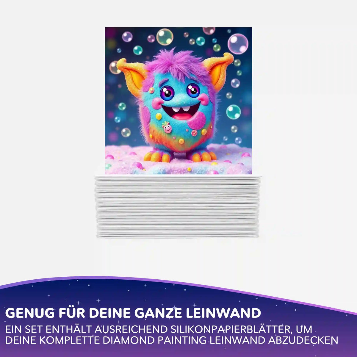 Diamond Painting Silikonpapier-Set Grinsebacke: Stapel weißer Trennblätter mit buntem Monster-Motiv