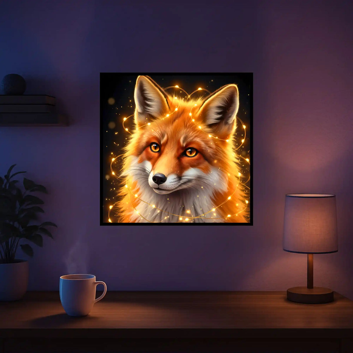 Fertiges Diamond Painting Set Lyra mit magischem Fuchs-Motiv, umgeben von schimmernden, goldenen Lichteffekten