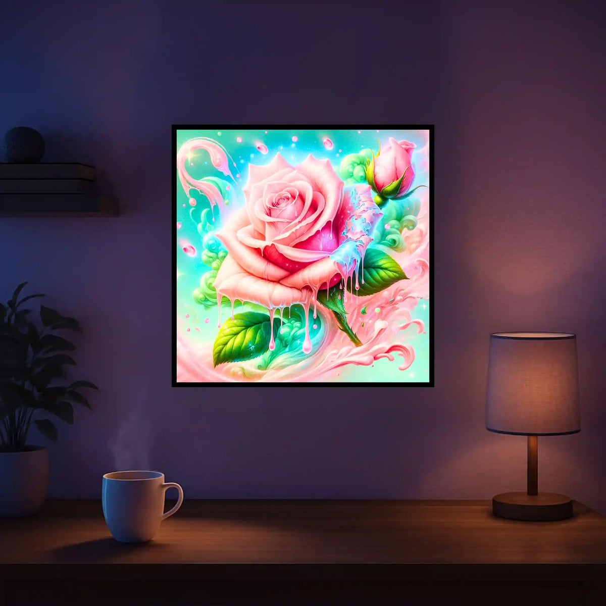 Diamond Painting Set Candy Rose mit rosa Blumen Motiv in Pastellfarben, schimmerndes Blumen-kunstwerk in 25x25cm