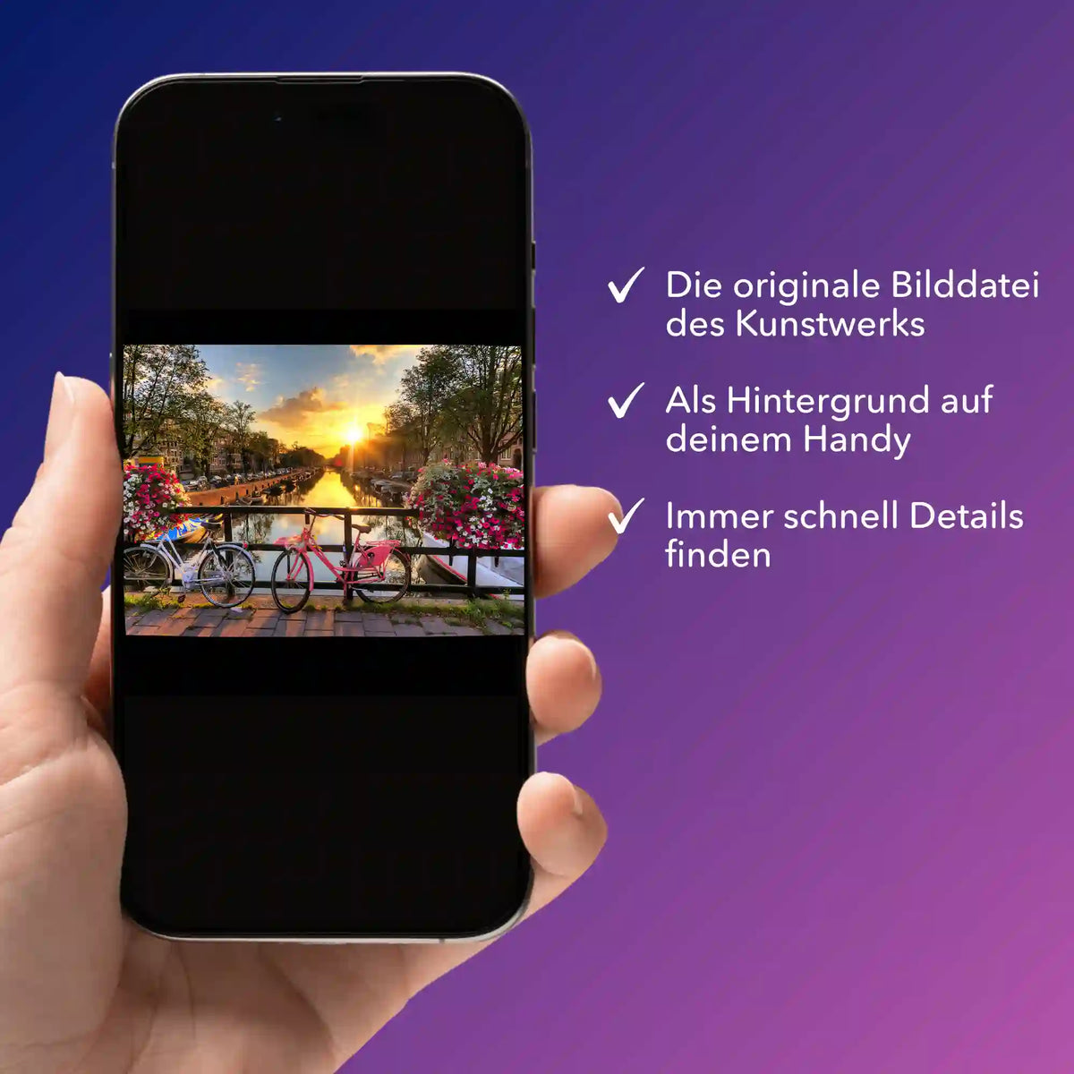 Digitale Bildmappe für Diamond Painting Motiv Sonnenuntergang in Amsterdam auf einem Smartphone betrachtet