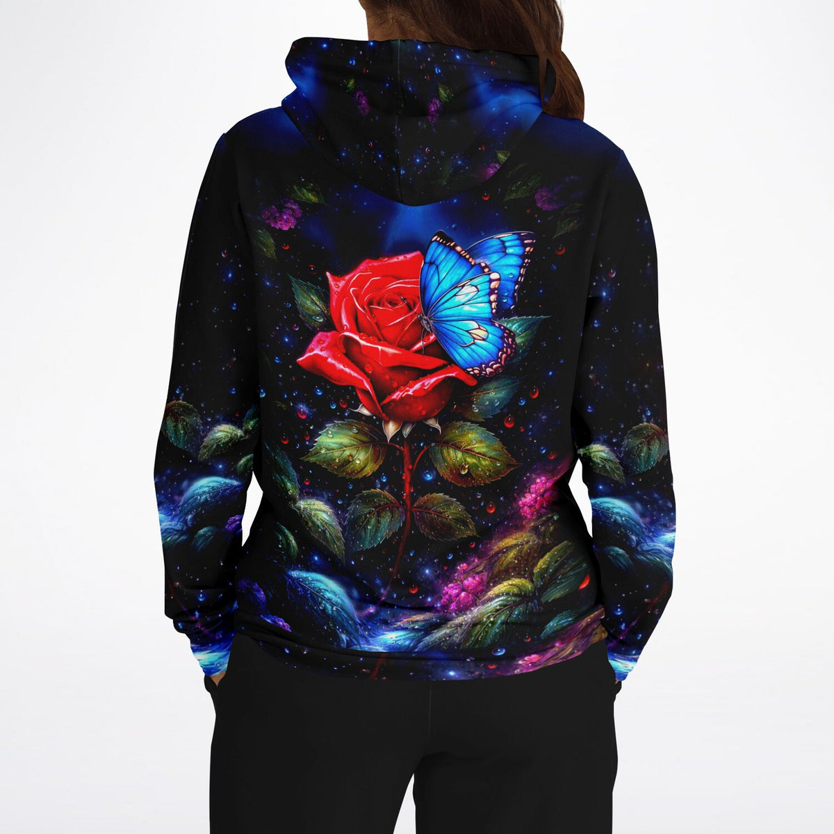 Dreamer Hoodie mit Motiv rote Rose und blauem Schmetterling im Galaxy-Design für Fans kreativer Kunst wie Diamond Painting