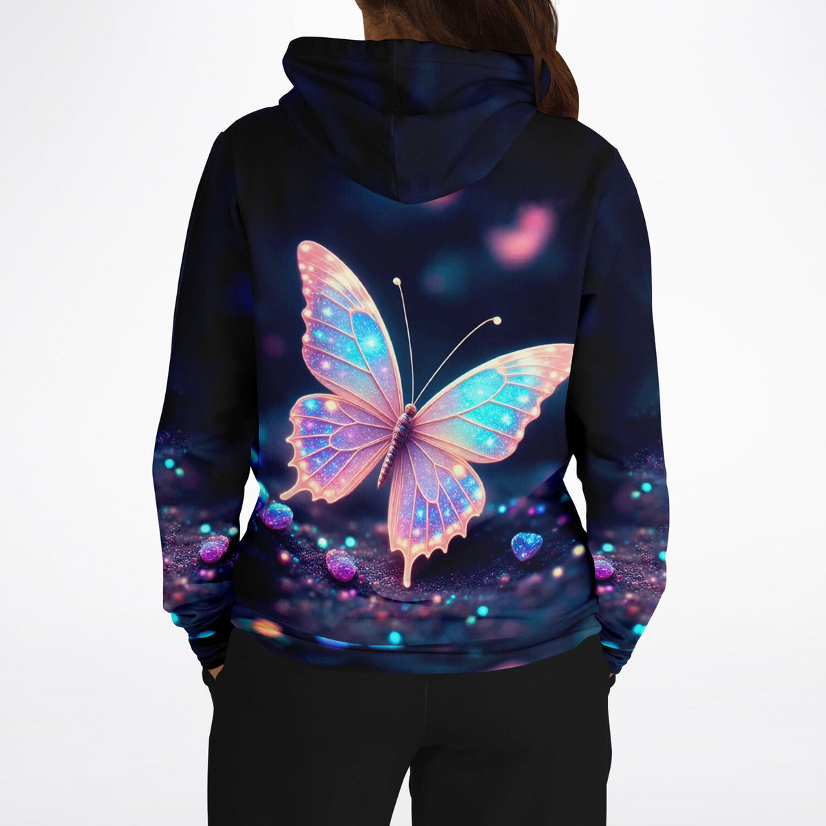 Dreamer Hoodie Lichttänzer mit leuchtendem Schmetterling-Motiv im Stil von Diamond Painting Kunstwerken auf schwarzem Stoff