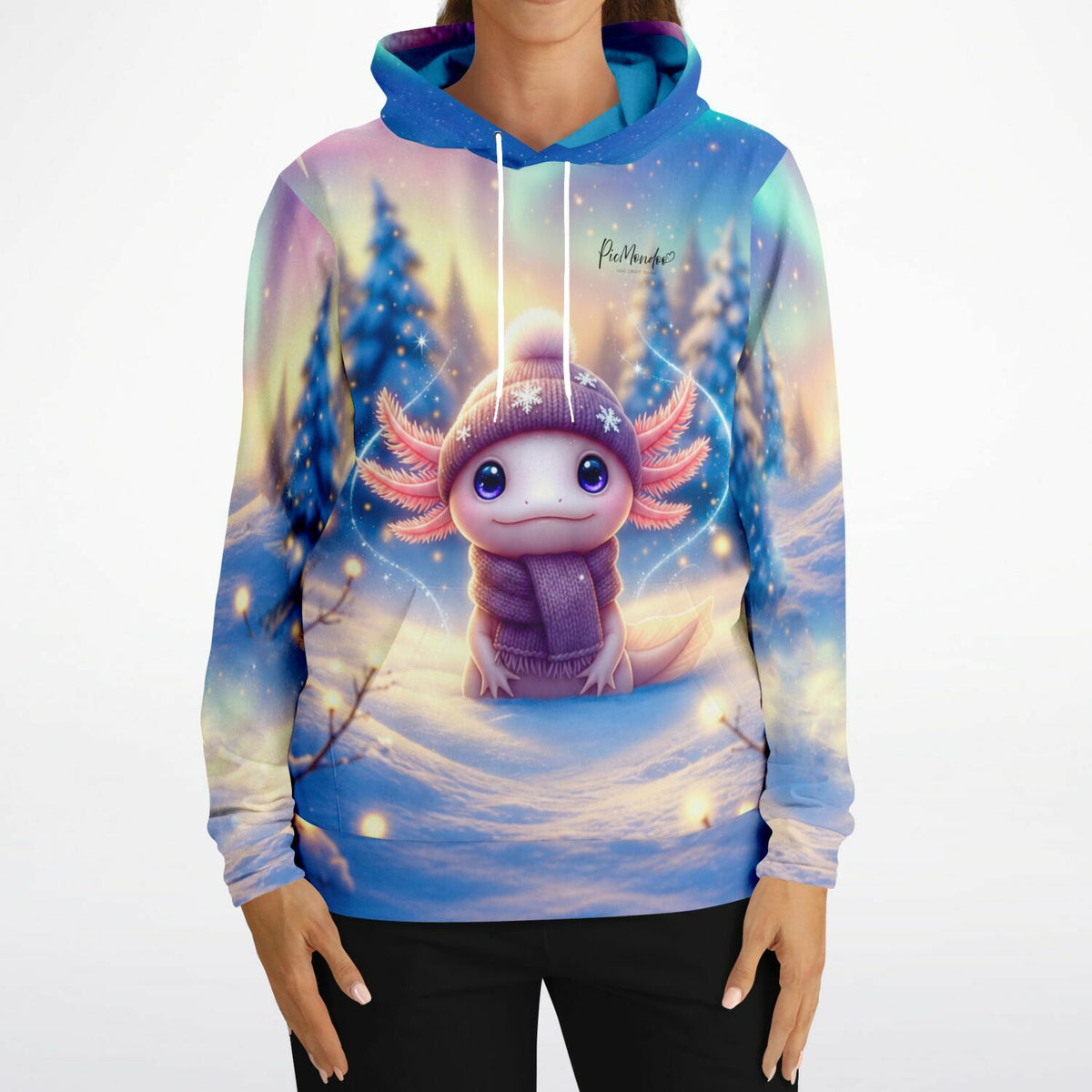 Dreamer Hoodie mit süßem Axolotl im Winterwald-Design, perfekt für Fans von Diamond Painting und kreativen Hobbys