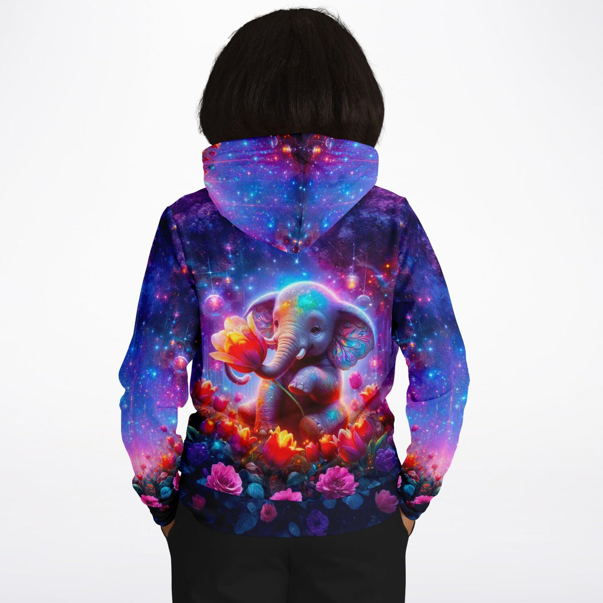 Dreamer Hoodie mit bunten Elefantenmädchen-Motiv in Weltraum-Optik, ideal für Fans von Diamond Painting und DIY-Kunst