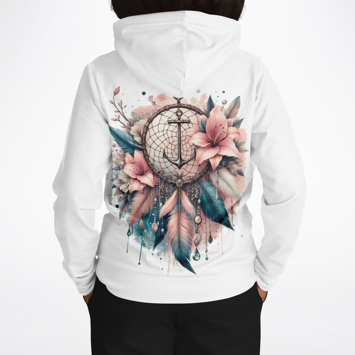 Weißer Hoodie mit Dreamcatcher-Anker-Motiv, Blumen und Federn im Aquarell-Stil, passend für DIY-Fans von Diamond Painting