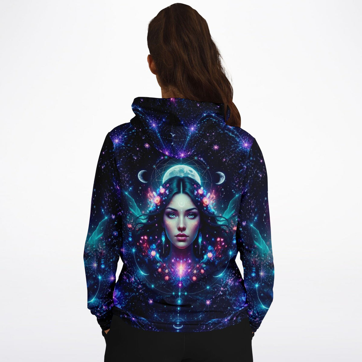Dreamer Hoodie Mondprinzessin mit magischem Weltraum-Design in leuchtenden Blau- und Violetttönen für Fans mystischer Kunst