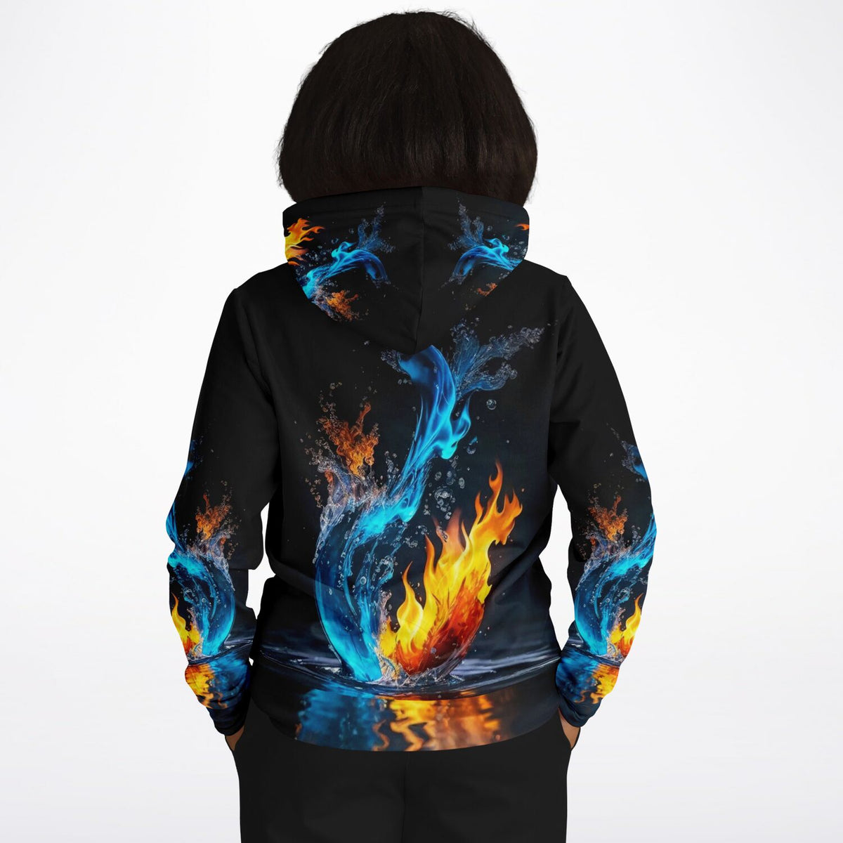 Schwarzer Dreamer Hoodie mit abstraktem Feuer und Wasser Design als Inspiration für DIY-Diamond Painting Motive
