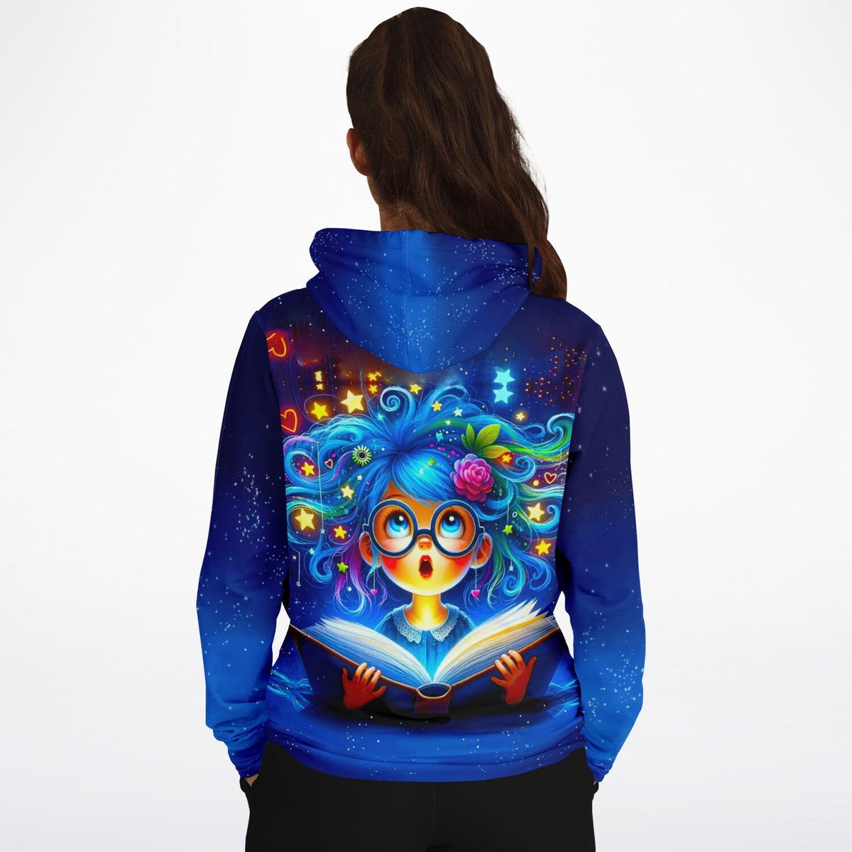 Dreamer Hoodie mit Lesemaus Josephine Motiv in leuchtenden Farben, inspiriert von Diamond Painting und Malen nach Zahlen