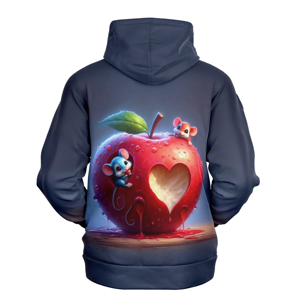 Dunkelblauer Dreamer Hoodie mit Motiv zwei kleiner Mäuse und einem roten Apfel mit herzförmigem Ausschnitt