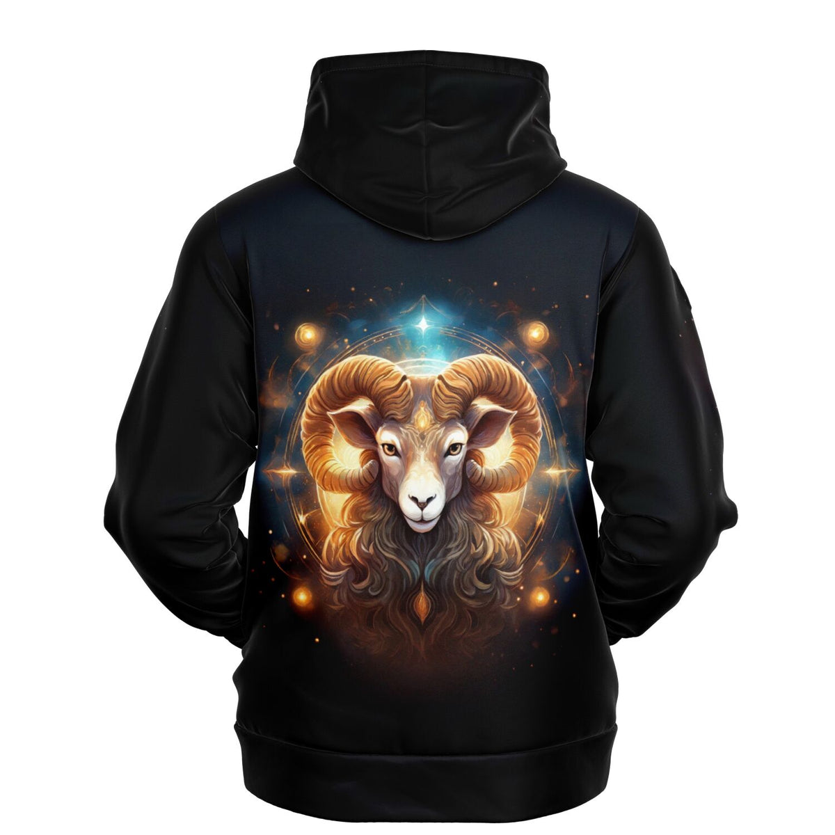 Schwarzer Dreamer Hoodie mit Sternzeichen Widder Motiv im magischen Diamond Painting Style mit leuchtenden Gold-Details