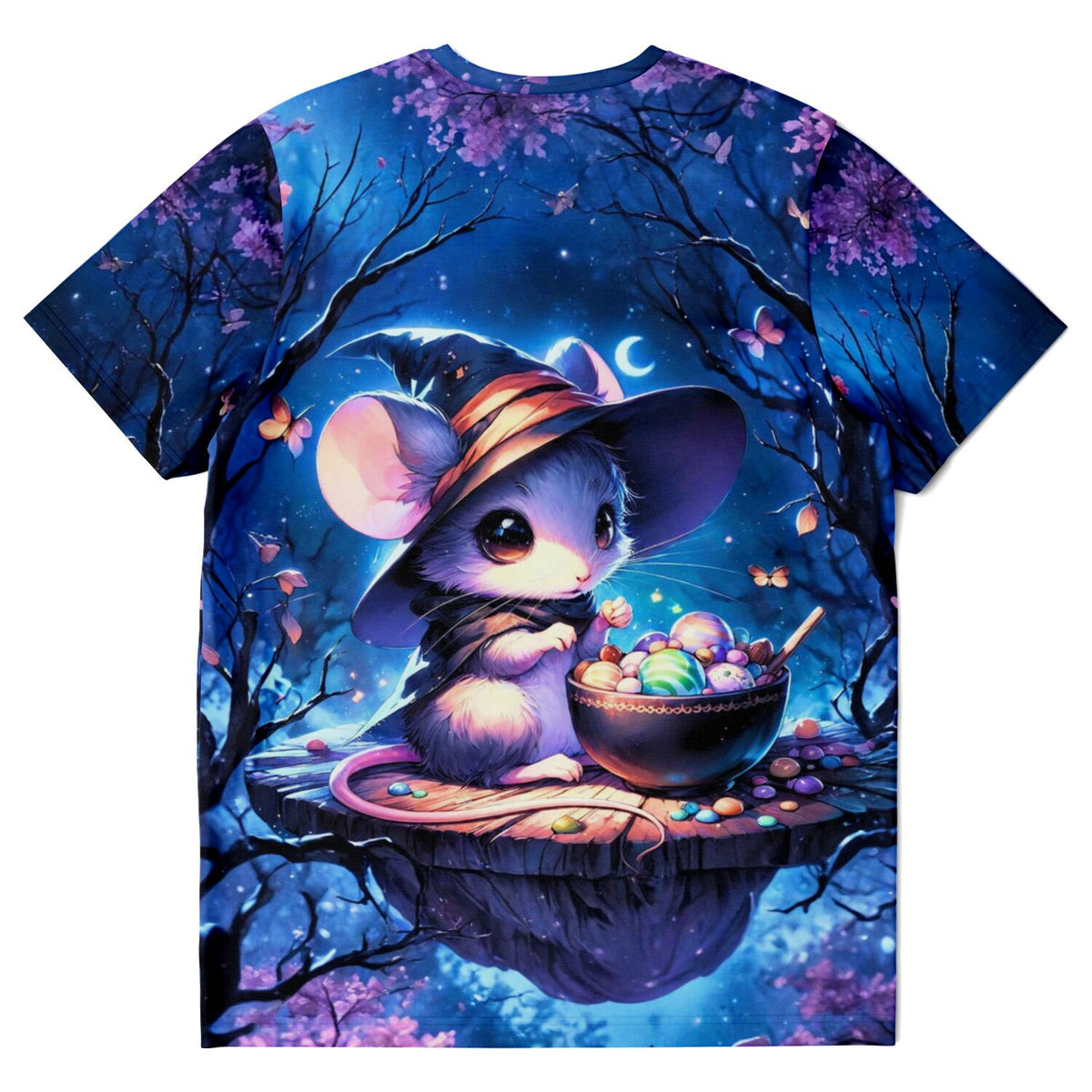 T-Shirt mit süßer Maus als Hexer, Mondschein-Wald-Motiv im Stil von Diamond Painting und Malen nach Zahlen