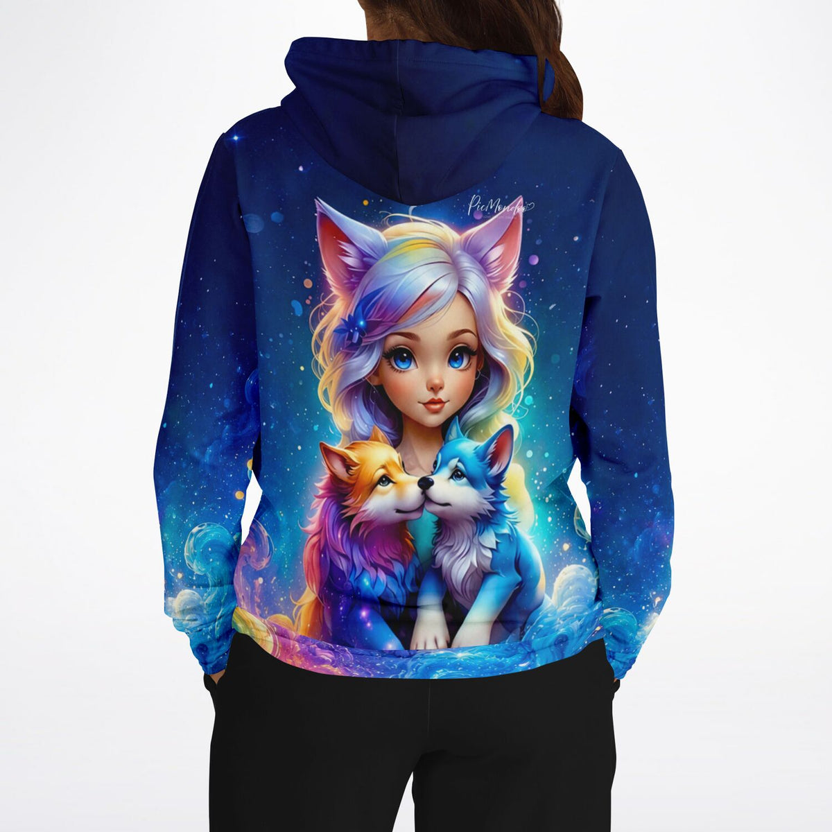 Dreamer Hoodie mit Wolfsmädchen Finja Motiv als farbenfroher All-Over-Print im Diamond Painting Stil