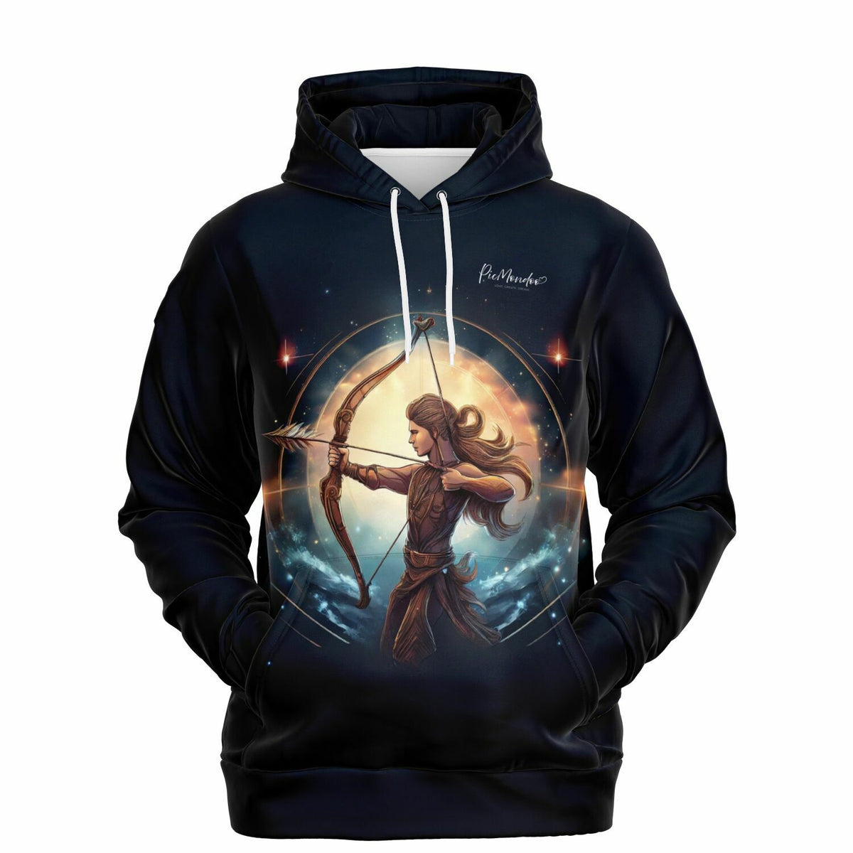 Schwarzer Picmondoo Hoodie mit kunstvollem Schütze Sternzeichen Motiv und Bogenschützen im Weltraum-Design