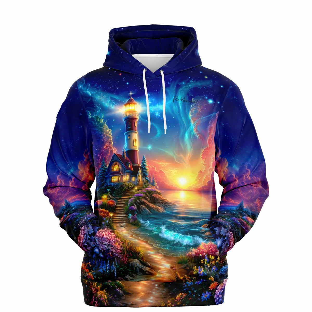 Dreamer Hoodie Wächter des Horizonts mit Leuchtturm und Sternenhimmel im lebendigen AOP-Druck
