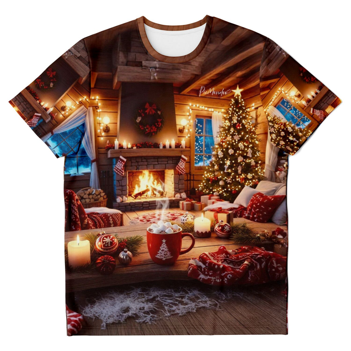 Dreamer T-Shirt Holy Night mit gemütlichem Kaminfeuer, Weihnachtsbaum und Heißgetränk Motiv – perfekt für DIY-Fans