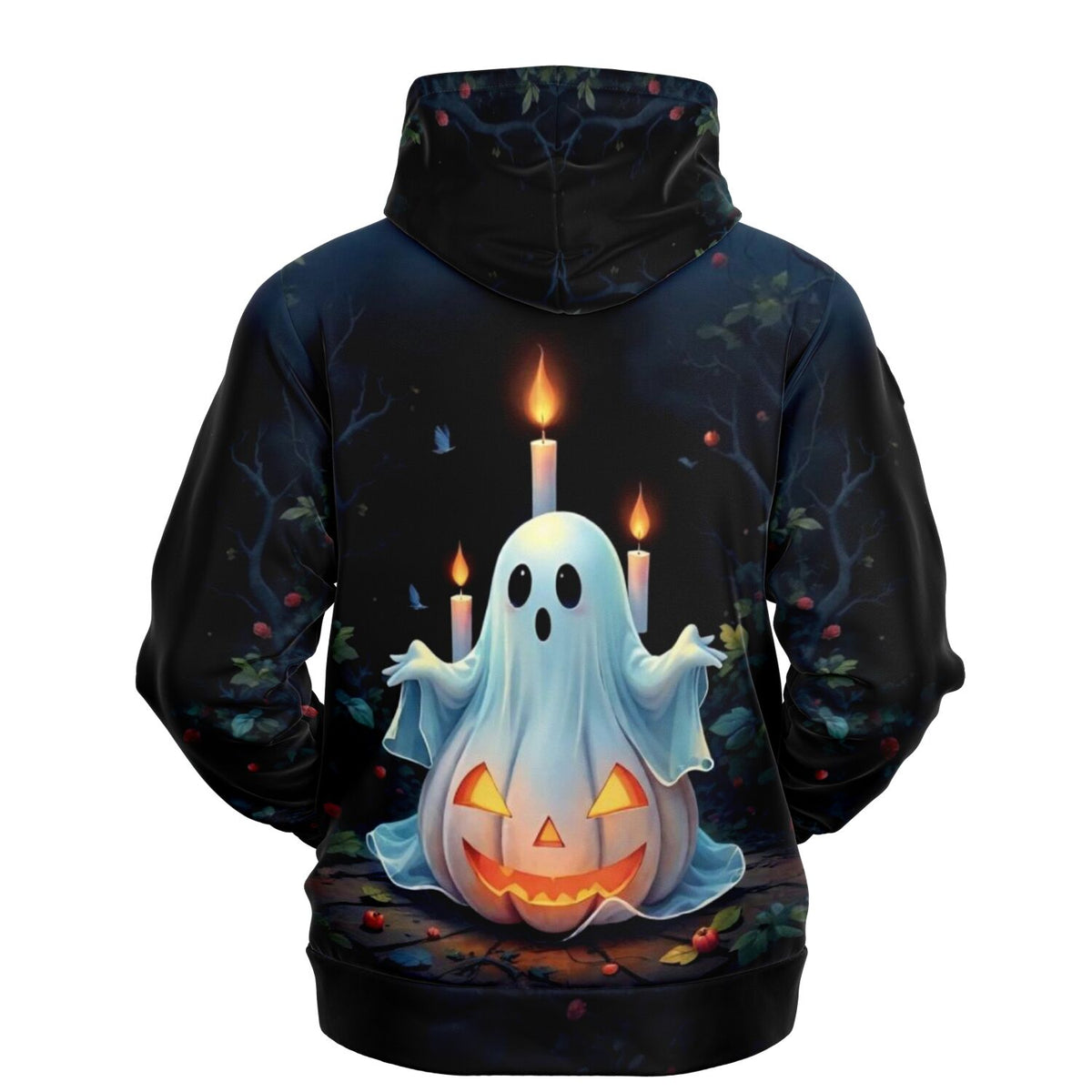 Schwarzer Hoodie mit Halloween-Motiv: Ein niedlicher Geist, der aus einem leuchtenden Kürbis bei Kerzenschein hervorschaut.