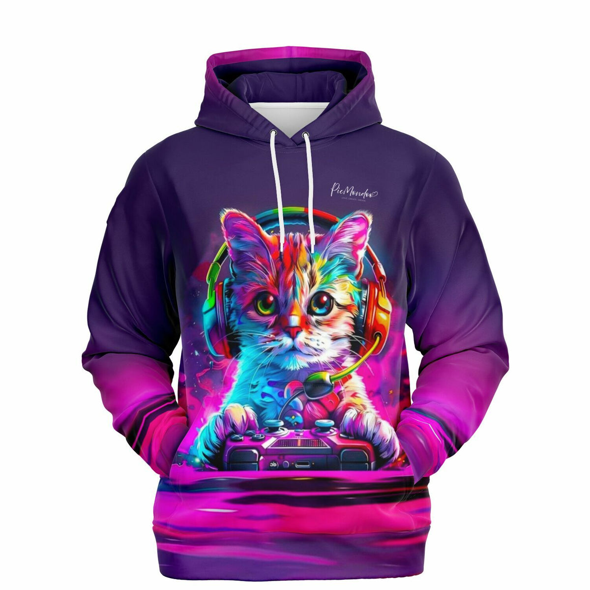 Bunter Hoodie für Erwachsene mit Gaming Katze Motiv in leuchtenden Farben, inspiriert von Diamond Painting Kunstwerken