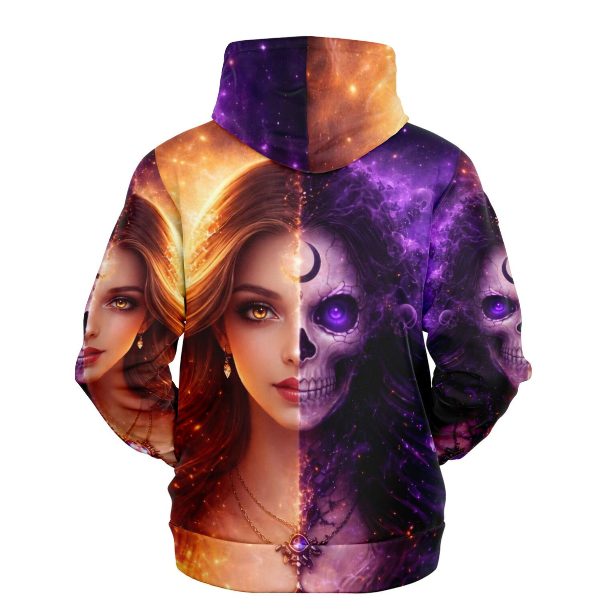 Dreamer Hoodie mit mystischem Dual-Motiv: Junge Frau und Totenkopf in leuchtenden Galaxy-Farben für Fans von DIY-Kunst.