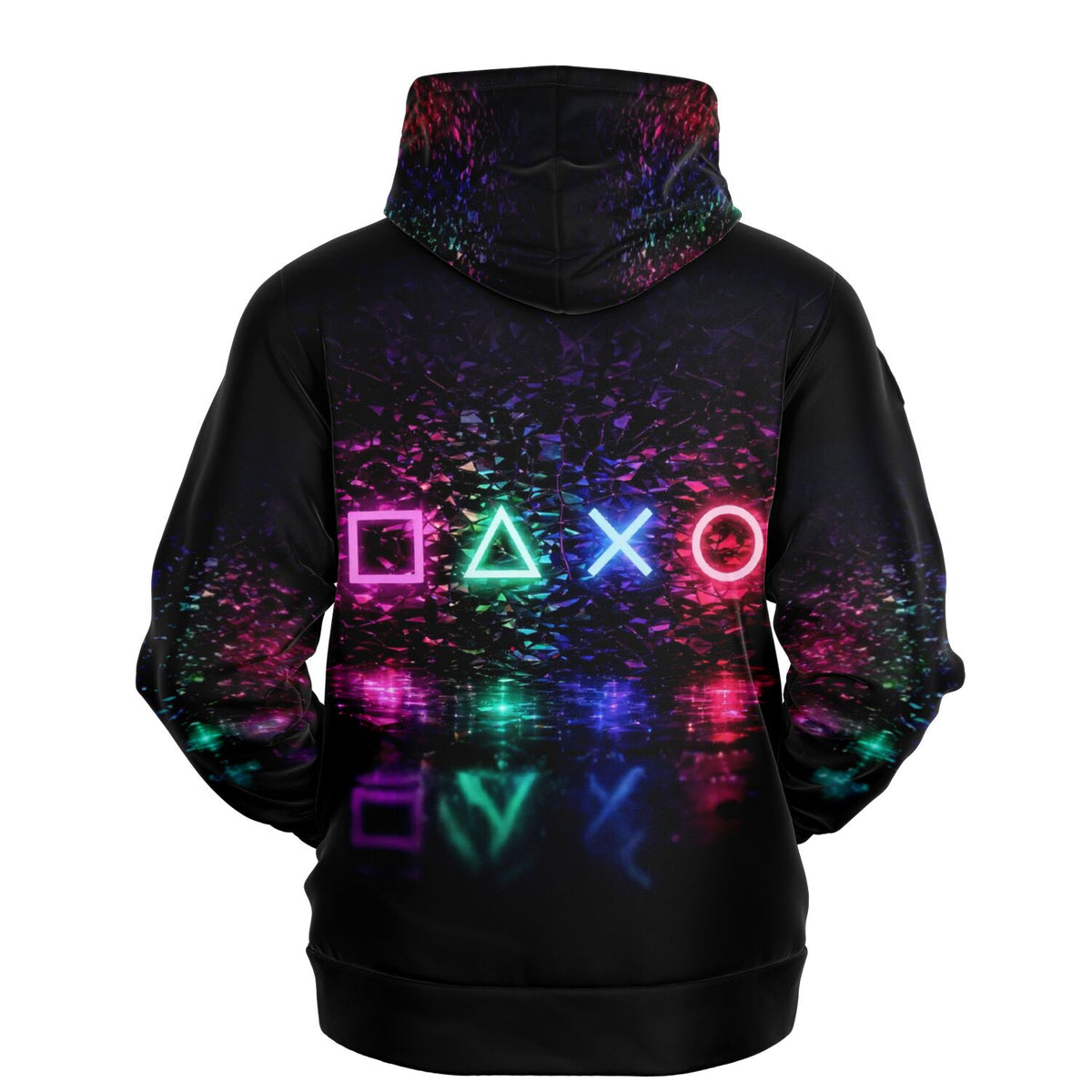 Schwarzer Gaming Hoodie mit neonfarbenen Controller-Symbolen und reflektierendem Design auf der Rückseite