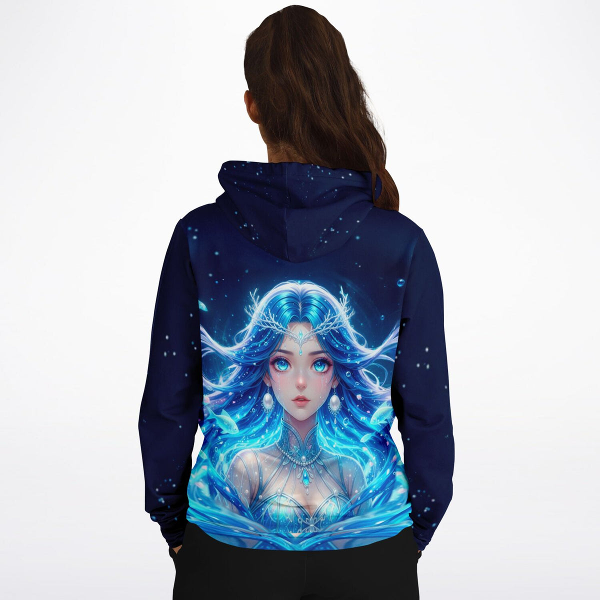 Dreamer Hoodie mit Nerelya Hüterin der Tiefe Motiv in leuchtendem Blau, ideal für Fans von Malen nach Zahlen Kunst.