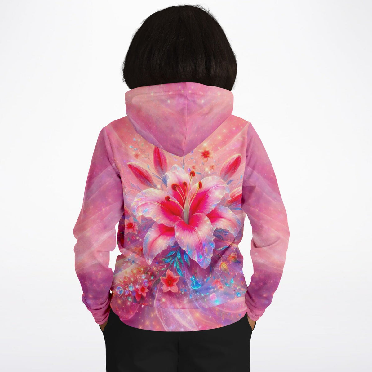 Dreamer Hoodie mit zartem Lilien-Print in Rosé, künstlerisches Design inspiriert durch Diamond Painting und Malen nach Zahlen