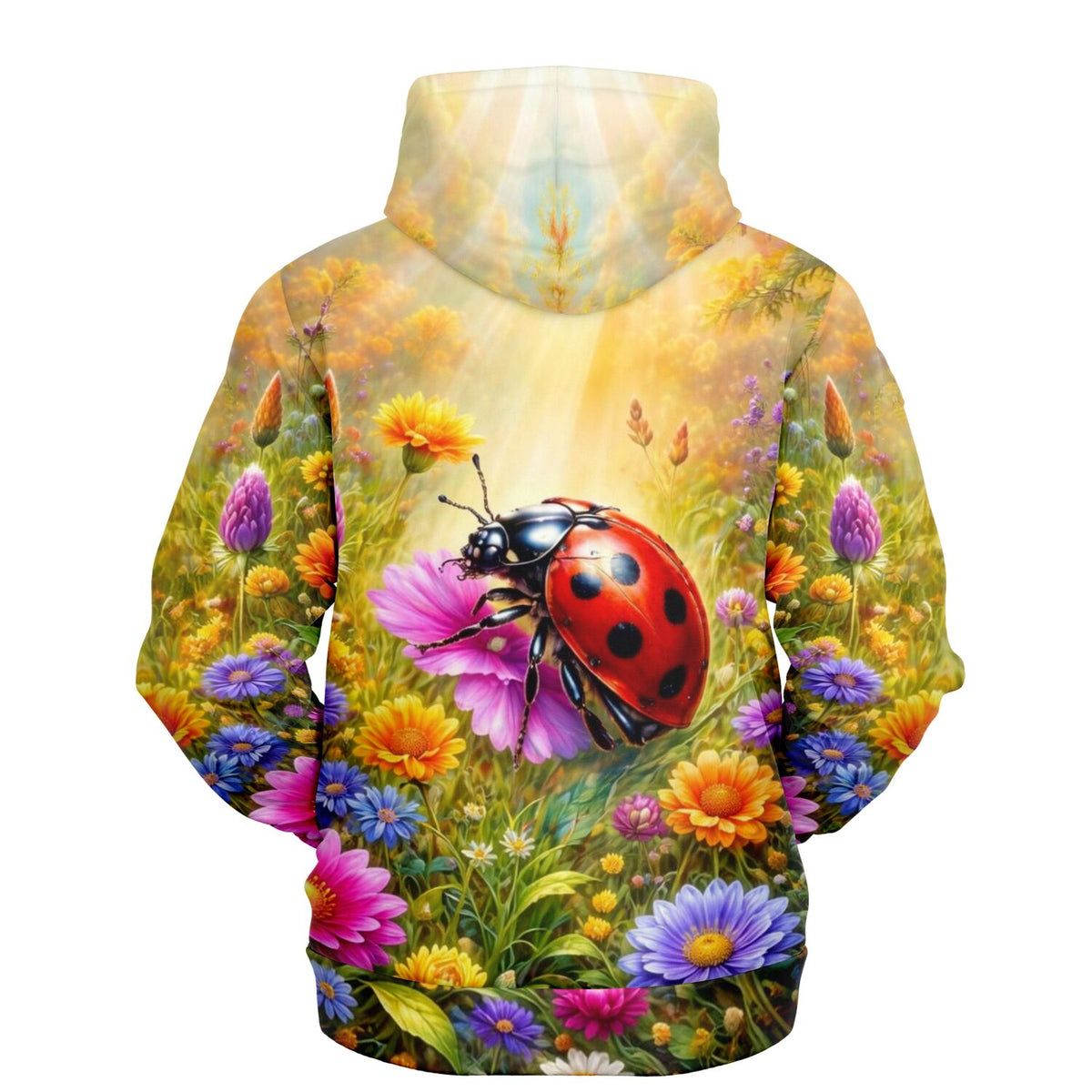 Dreamer Hoodie mit Marienkäfer und buntem Blumenwiese-Motiv in leuchtenden Farben, ideal für Fans von Malen nach Zahlen