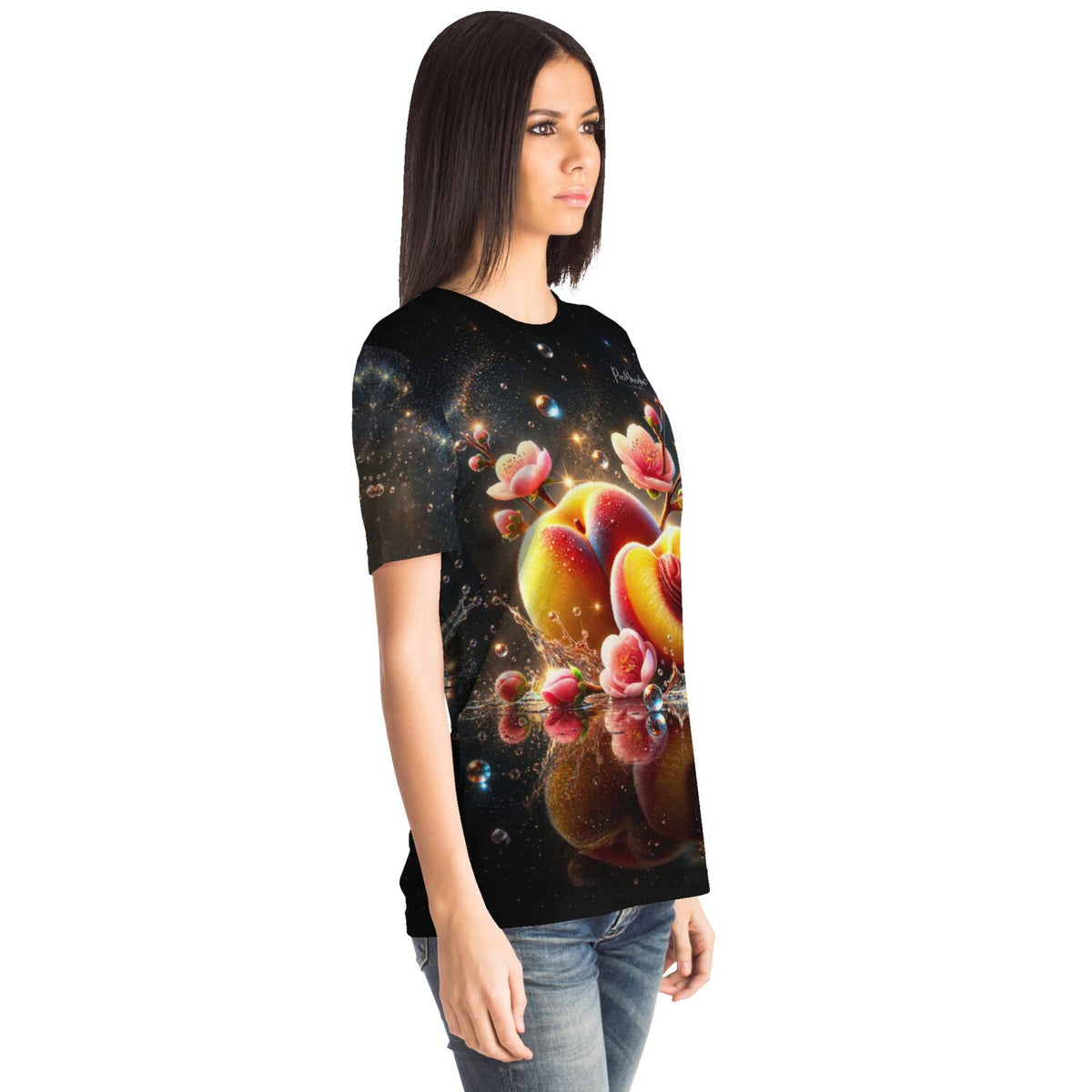 Schwarzes T-Shirt mit farbenfrohem Pfirsich-Motiv, inspiriert von Diamond Painting und Malen nach Zahlen Designs.