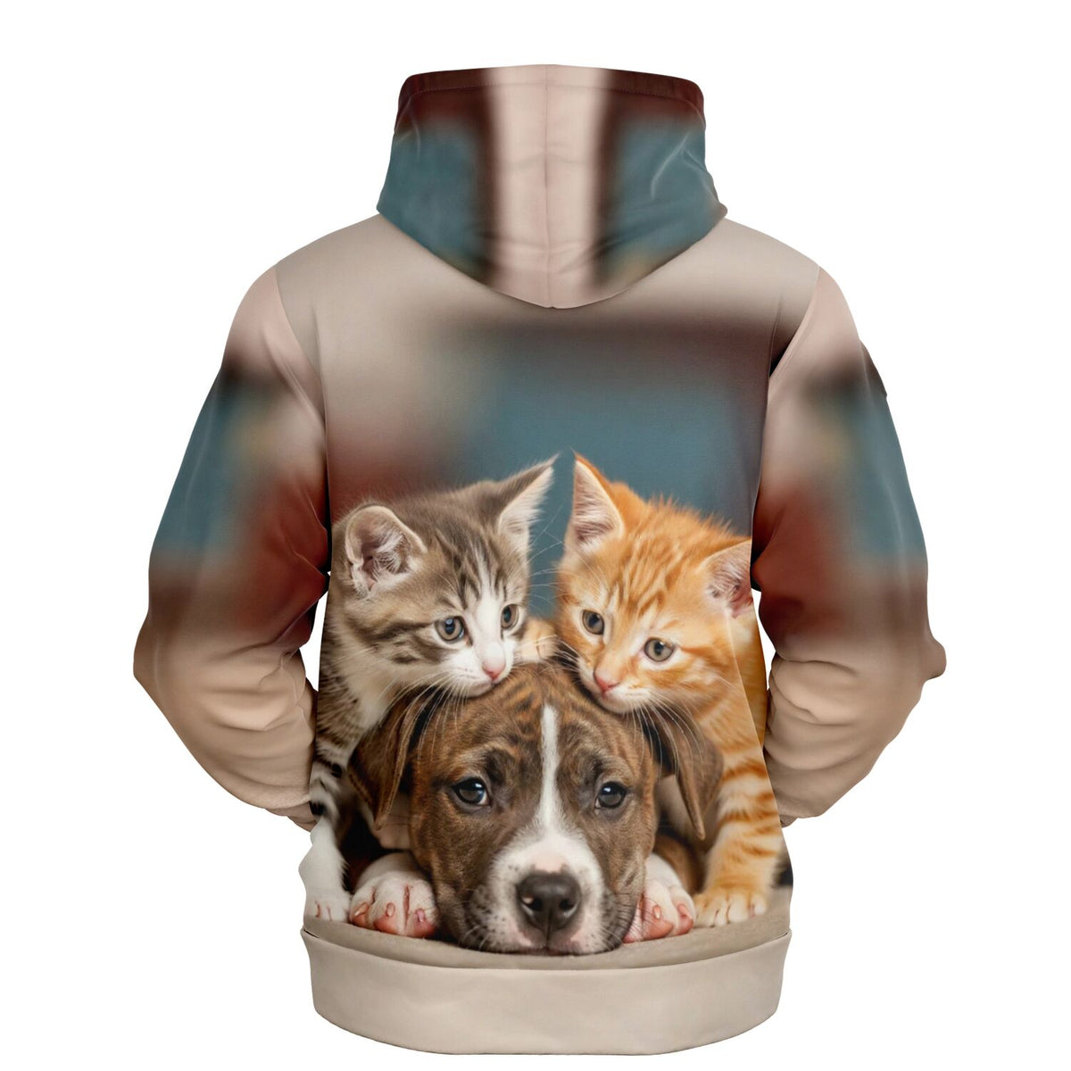 Dreamer Hoodie Friends for Life mit süßem Welpen und zwei Kätzchen als AOP-Druck in hochwertiger Qualität