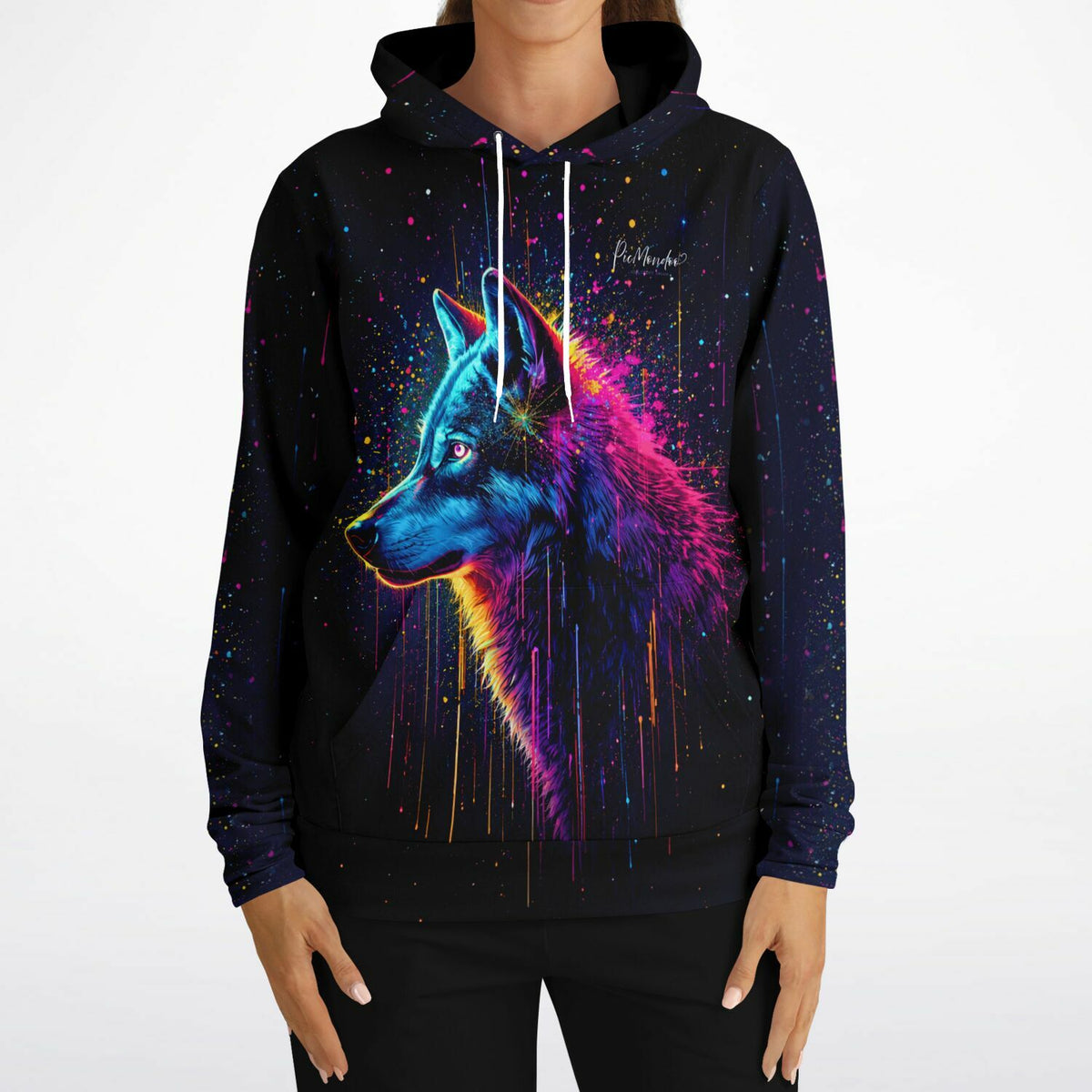 Schwarzer Hoodie mit buntem Wolf-Motiv im Diamond Painting und Malen nach Zahlen Stil für kreative Kunst-Fans.