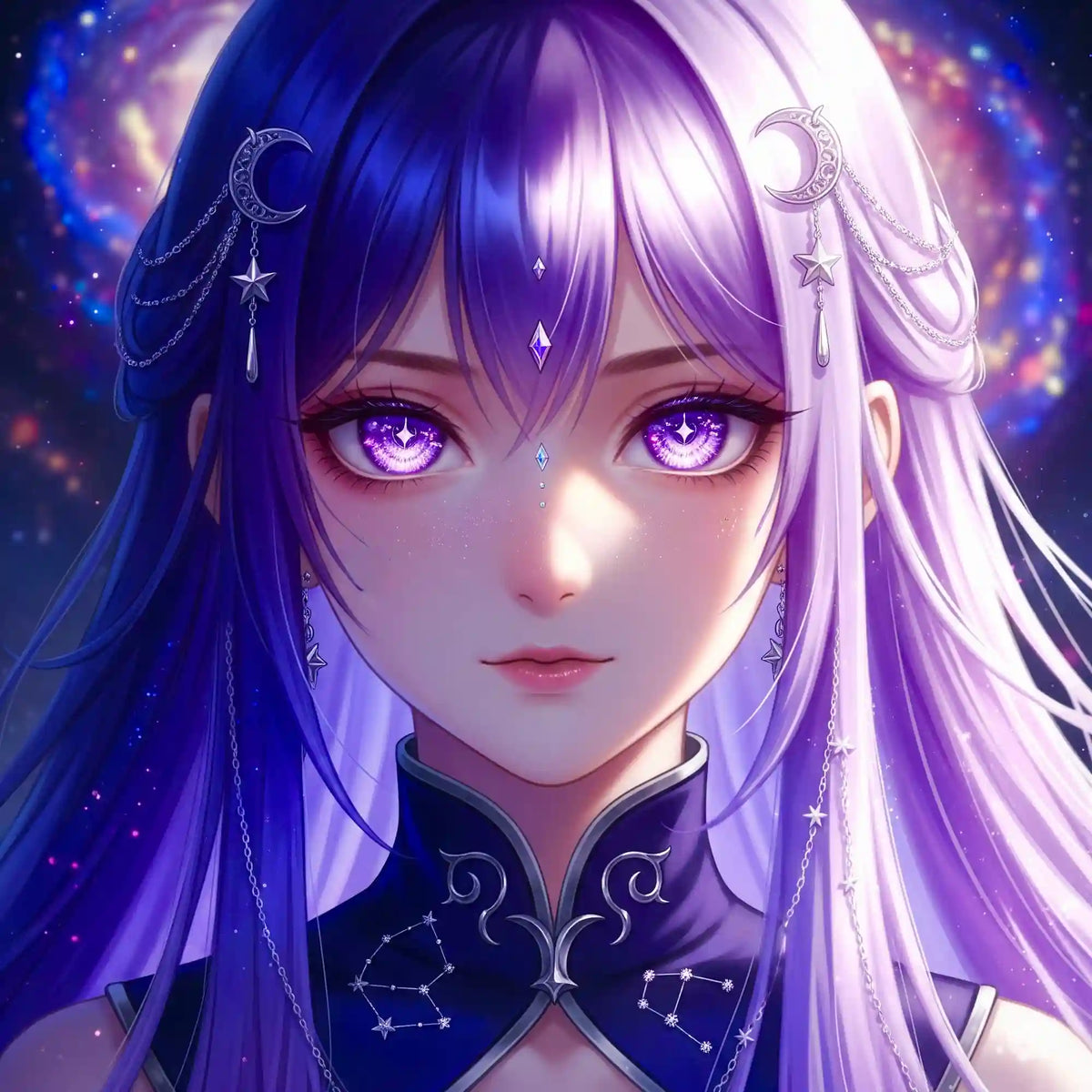Diamond Painting Set Purple Moon Star mit Anime Mädchen, lila Haaren und Galaxie-Motiv glitzernd mit AB Steinen