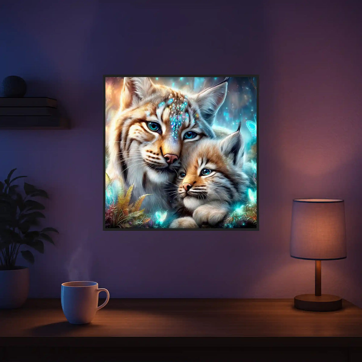 Diamond Painting Set mit Luchs-Mutter und Jungtier im Zauberwald, verziert mit leuchtenden Schmetterlingen