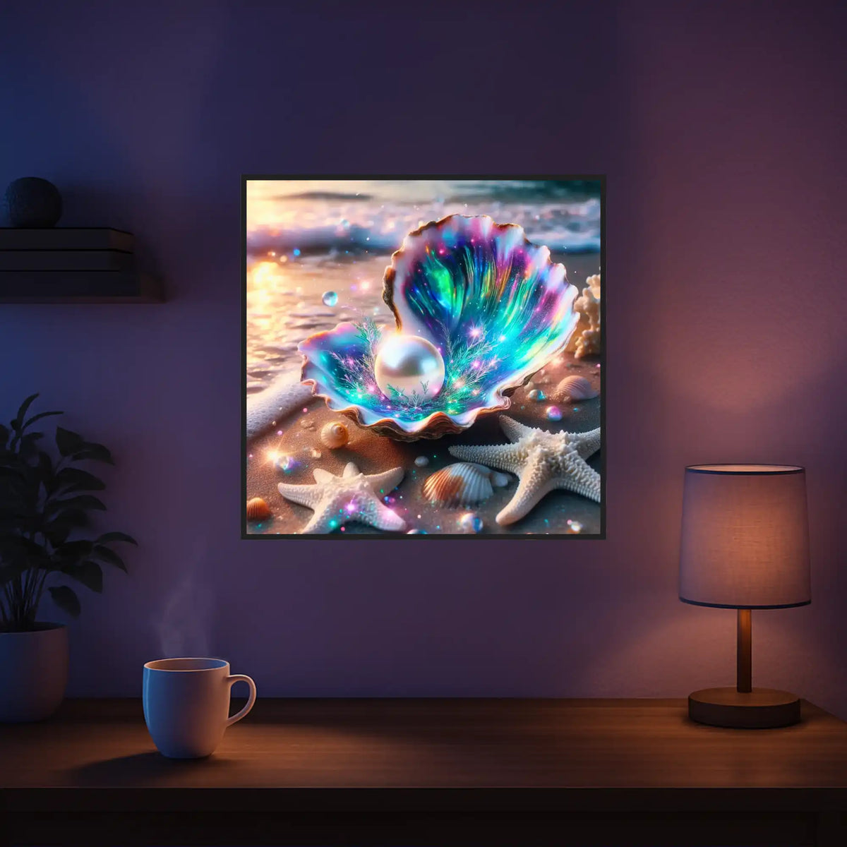 Diamond Painting Set Innerer Schatz mit glänzender Perle in einer bunten Muschel am Strand bei Sonnenuntergang.