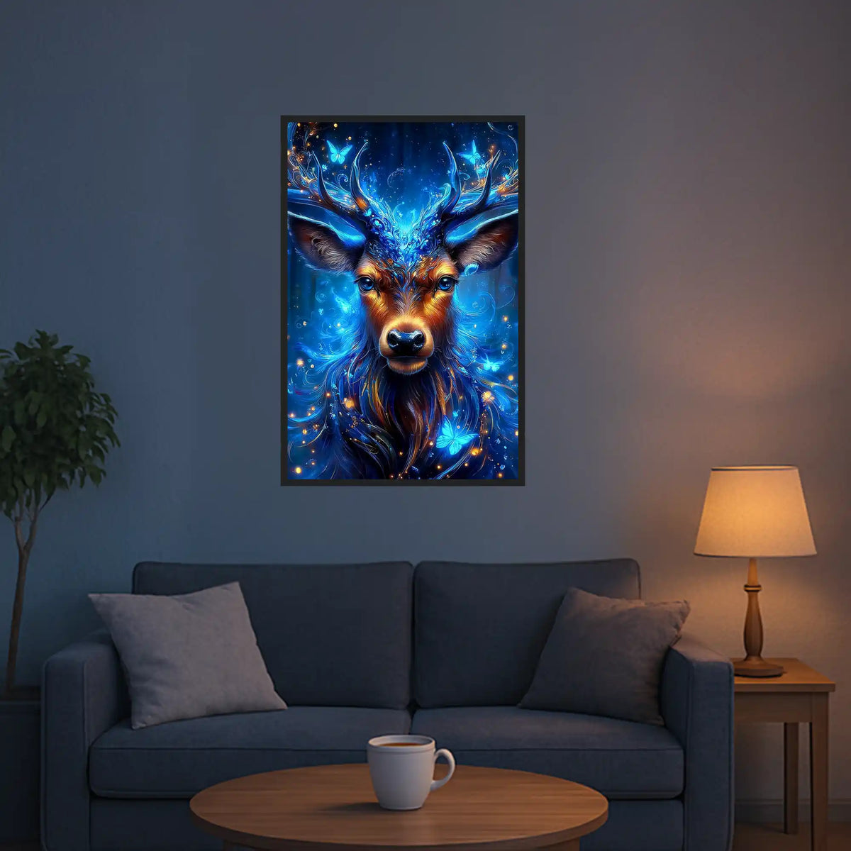 Diamond Painting Wächter des Waldes mit leuchtender Hirsch-Illustration, Schmetterlingen und magischen Blautönen