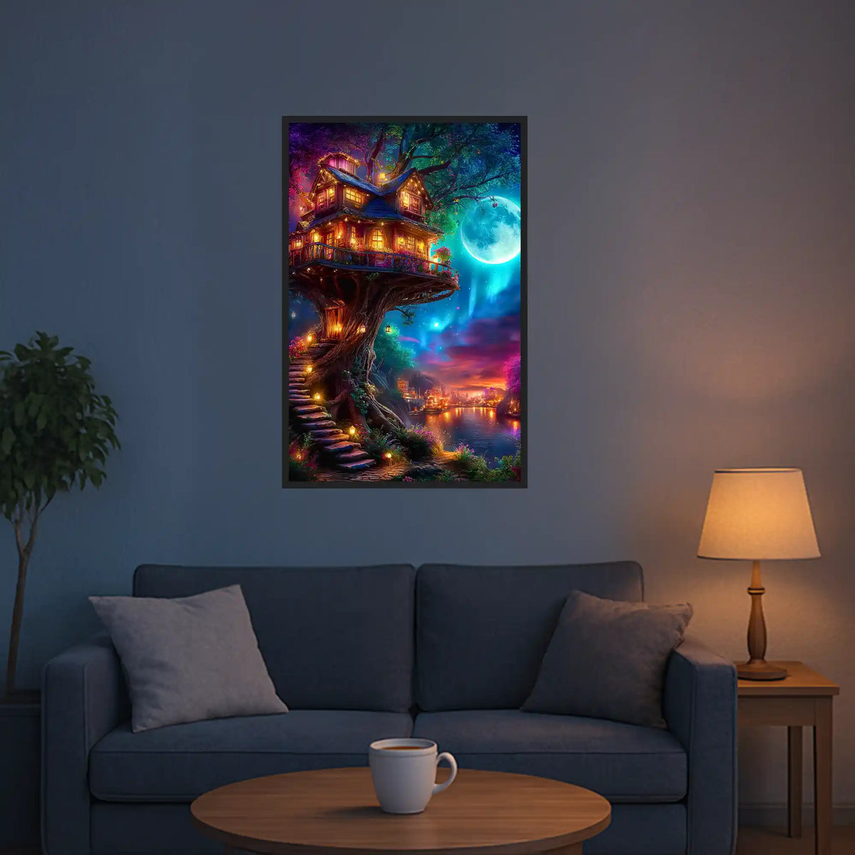 Diamond Painting Set Sternhafen der Wanderer mit magischem Baumhaus, Vollmond und leuchtenden Laternen in einer Waldnacht.