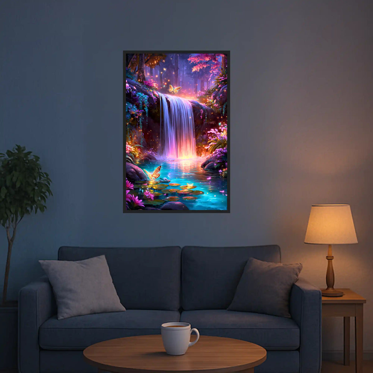 Diamond Painting Set Hain der erwachten Farben: Fantasiewald mit Wasserfall, leuchtenden Blumen und Schmetterlingen.