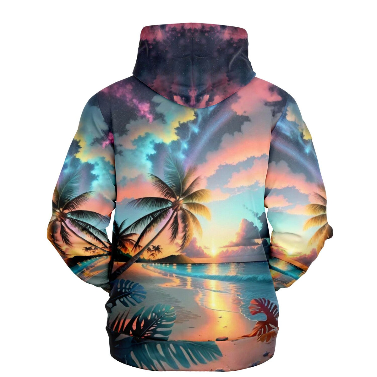 Dreamer Hoodie mit farbenfrohem Palmen-Strandmotiv bei Sonnenuntergang, hochwertiger Allover-Print für DIY-Fans